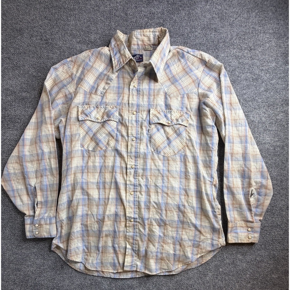 VTG Levi's Western Pearl Snap Long‎ Sleeve Plaid Button Up Shirt Men's XL USA